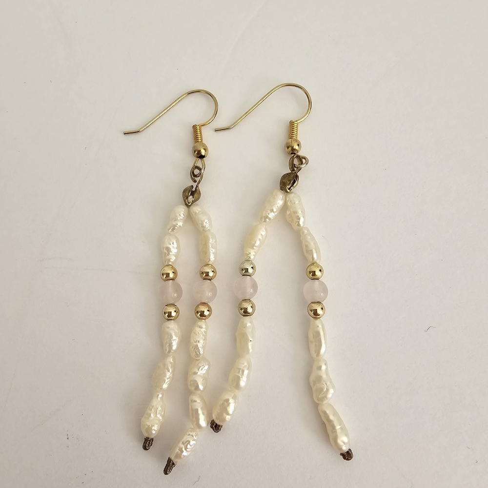 Vintage Rice Pearl & Rose Quartz Dangle Earrings - Boho Gold Tone Wishbone Drops